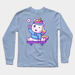 Cute Unicorn Waving Hand On Skateboard Cartoon Long Sleeve T-Shirt